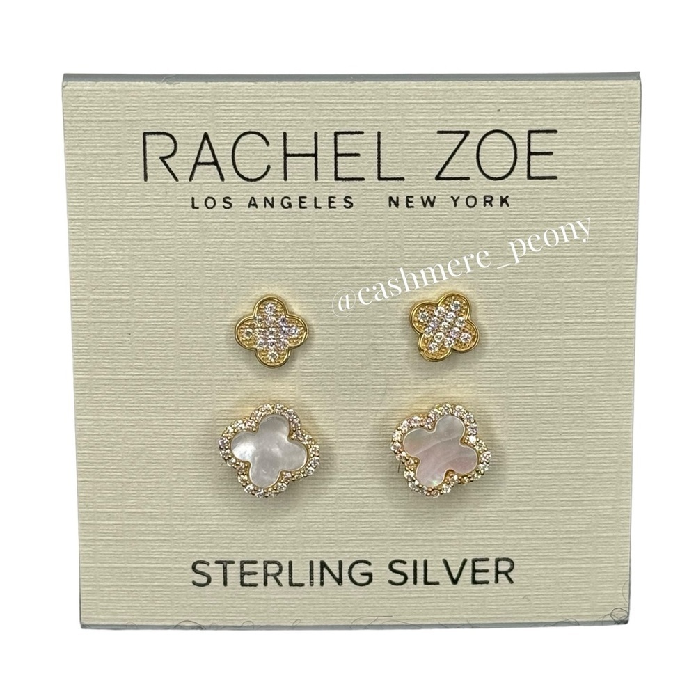 Rachel Zoe Gold/Sterling Silver Mother of Pearl & Pave Clover 2 Pair Earrings